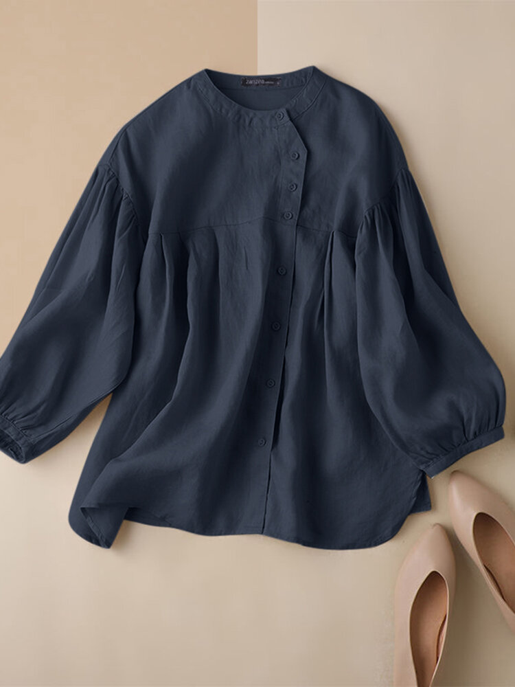 Lantern Sleeve Asymmetrical Button Solid Stand Collar Blouse