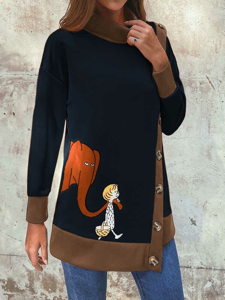 Cartoon Print Patchwork Asymmetical Plus Size Sweatshirt