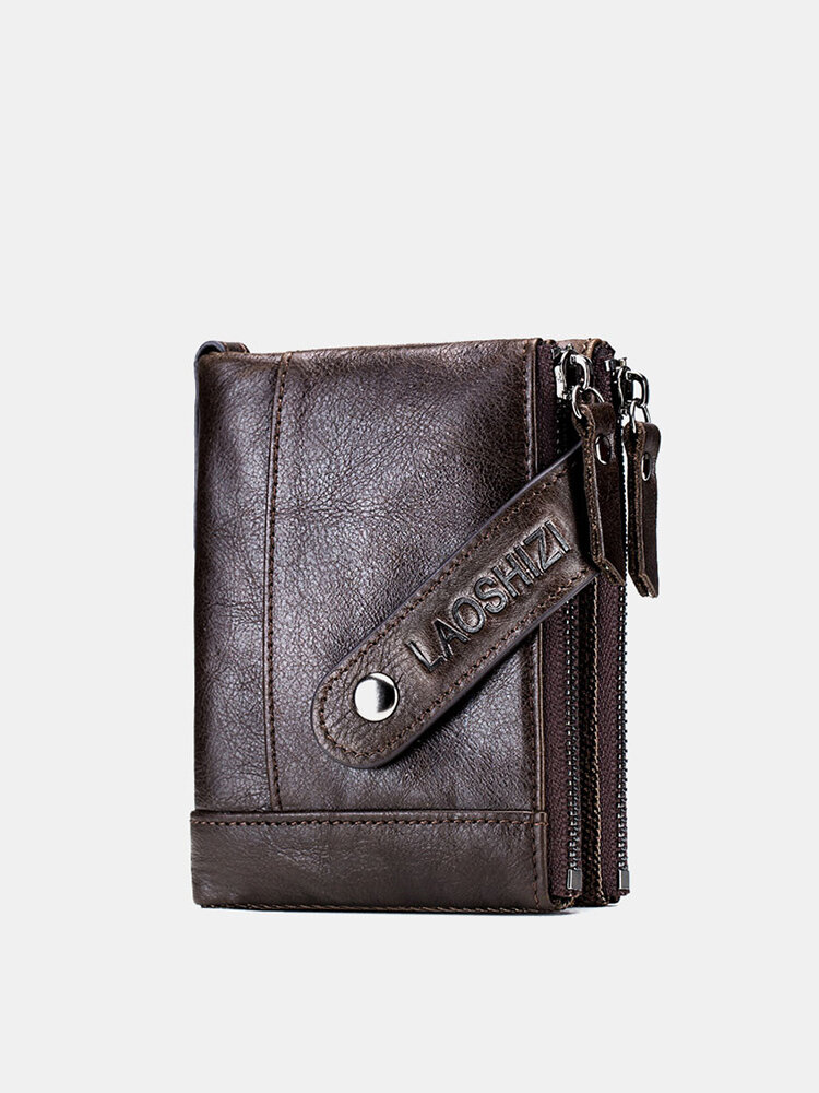 Men Genuine Leather RFID 7 Card Slots 2 Zipper Coin Purse Wallet