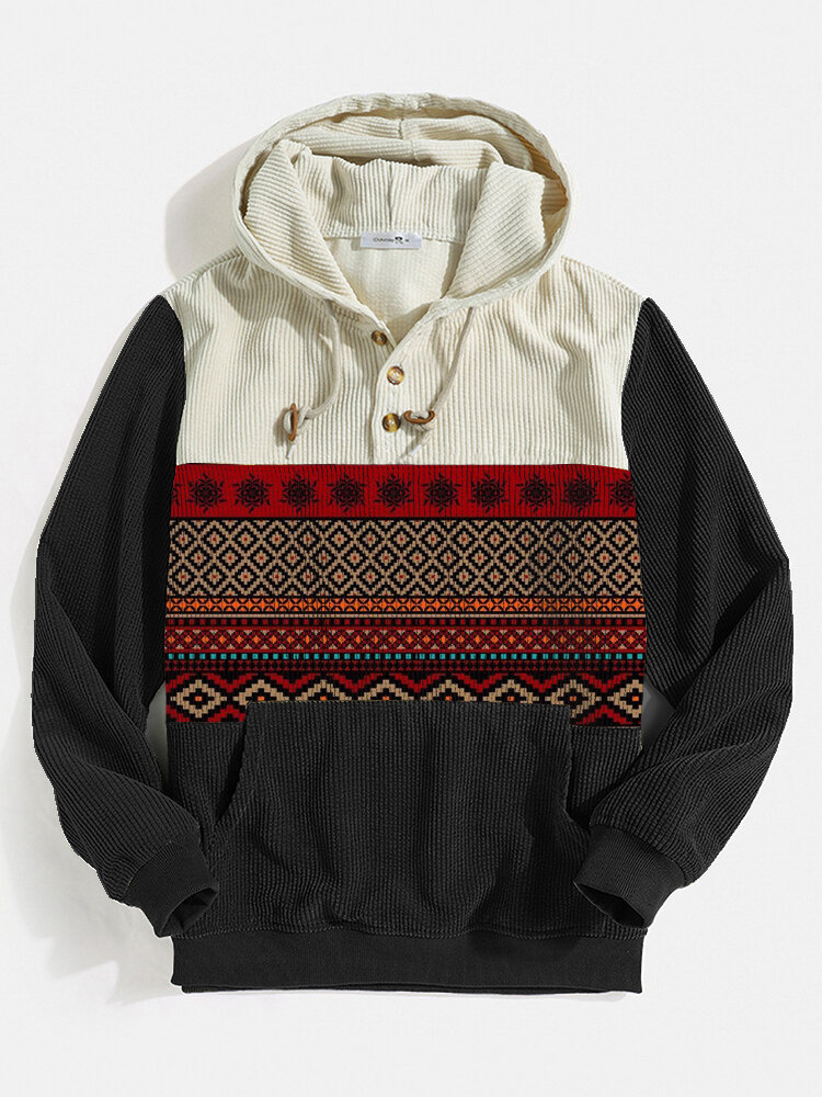 Mens Corduroy Ethnic Stitching Printed Hooded Buttons Sweatshirts