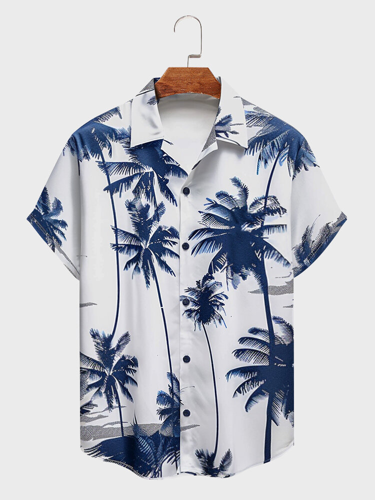 

Mens Coconut Tree Print Lapel Vacation Short Sleeve Shirts, Blue