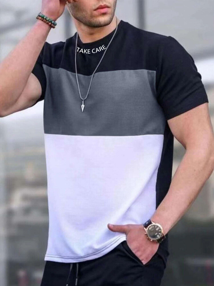 Mens Letter Print Neck Patchwork Casual Short Sleeve T-Shirts