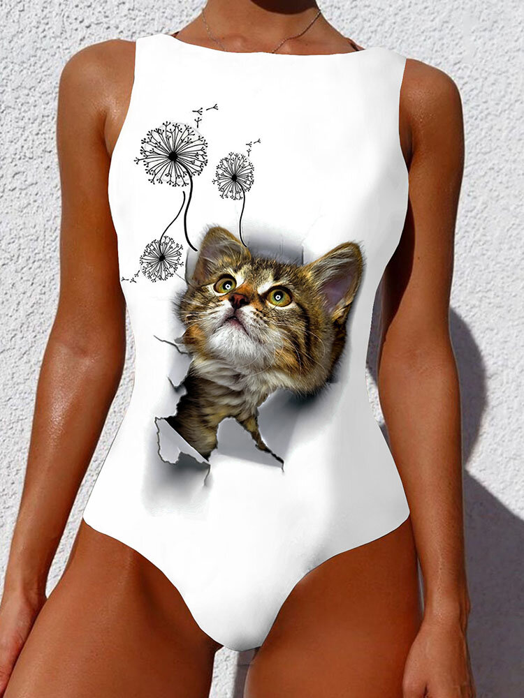 Plus Size Women Cute Cat Print High Neck Sleeveless One Piece Slimming Swimsuit