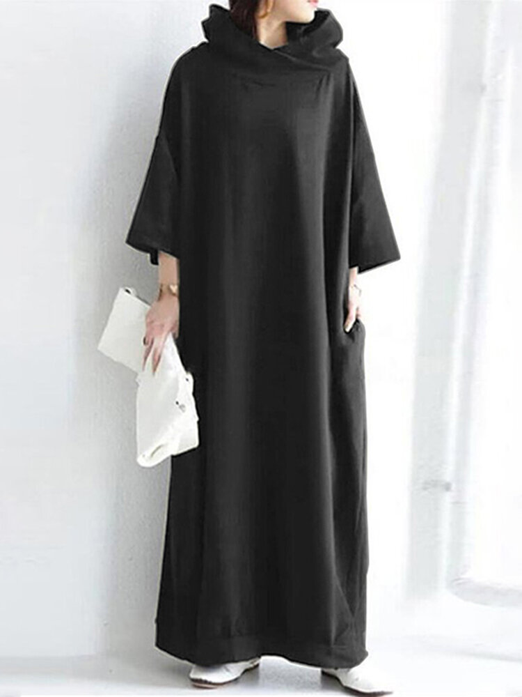 Solid Pocket Loose Long Sleeve Maxi Hoodie Dress Women