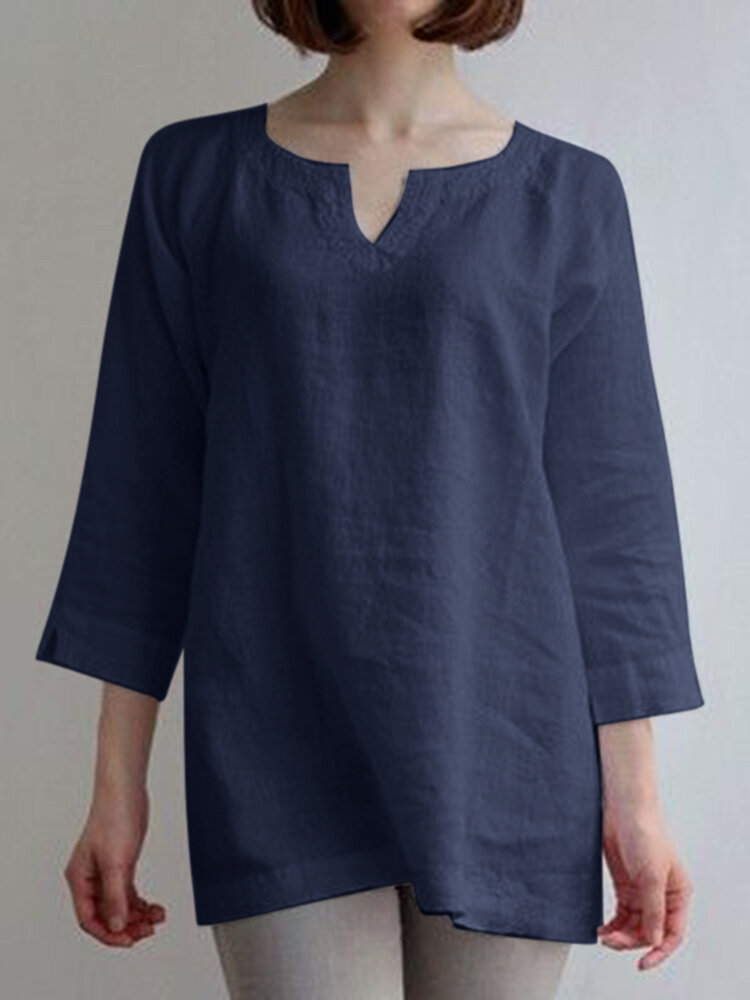 Solid Casual Notch Neck 3/4 Sleeve Blouse
