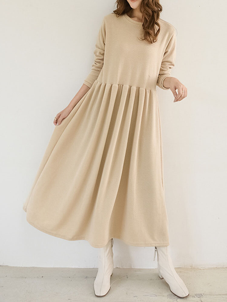 Solid Long Sleeve Crew Neck Casual Dress For Women