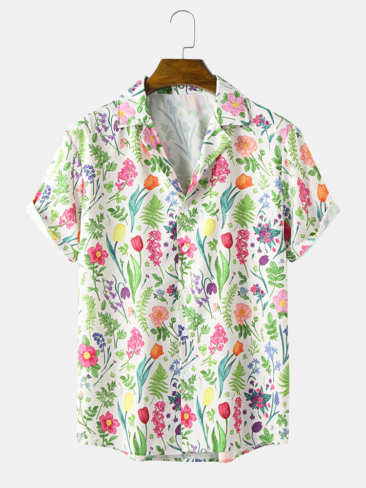 Mens Tropical Plants Print Button Up Short Sleeve Holiday Shirts