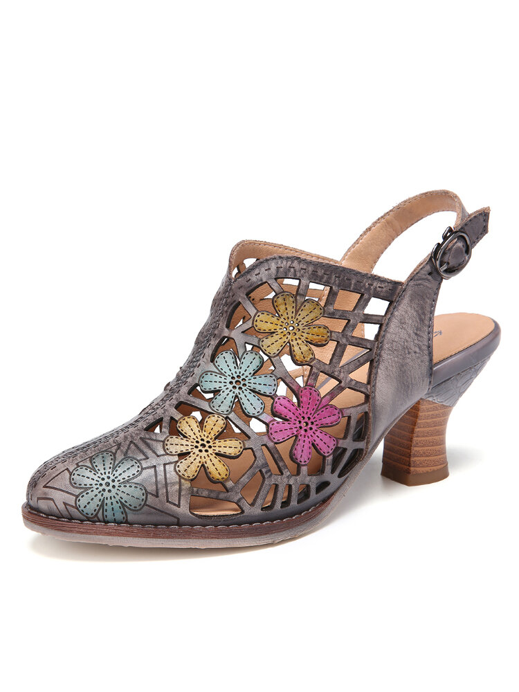 SOCOFY Distressed Leather Floral Cutout Buckle Strap Slingback Pointed Toe Chunky Heel Sandals