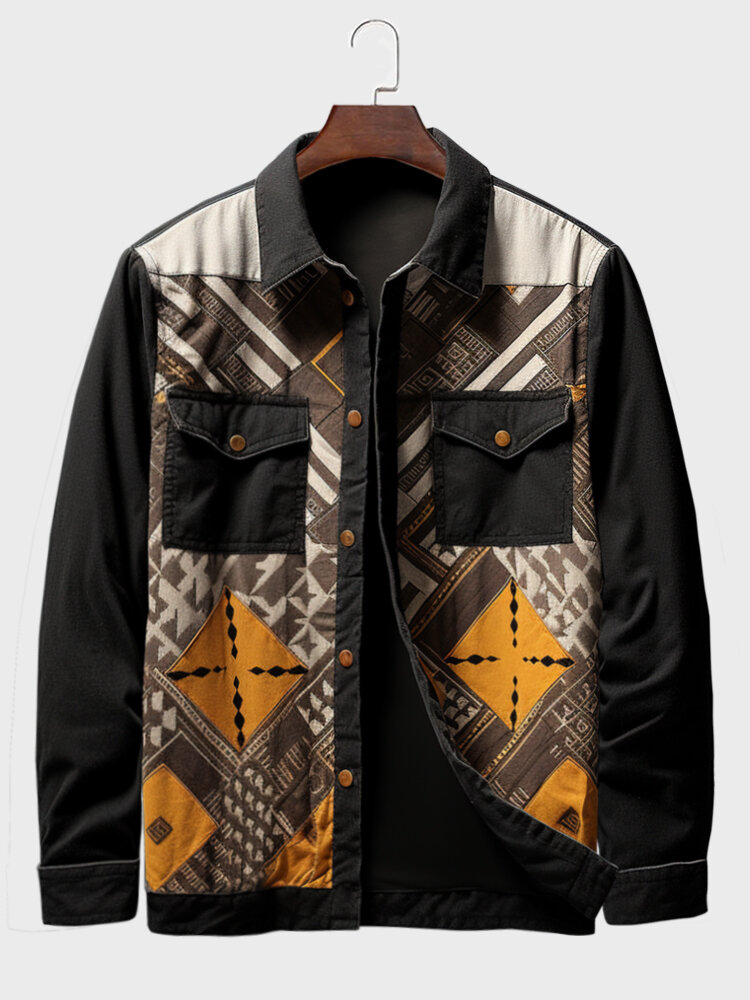Giacca invernale da uomo con risvolto e tasca con patta patchwork con stampa geometrica vintage
