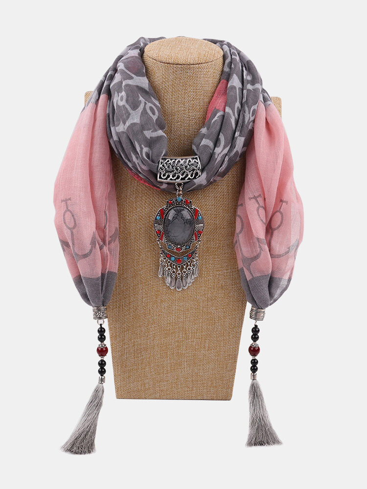 Vintage Women Scarf Necklace Water Drop Pendant Beaded Long Tassel Shawl Necklace Clothing Accessories