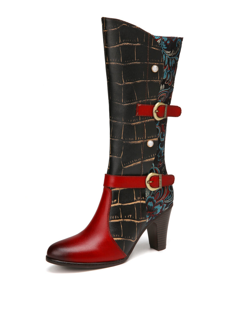 

SOCOFY Retro Genuine Leather Flower Embroidery Warm Lining Chunky Heel Mid-calf Boots, Red
