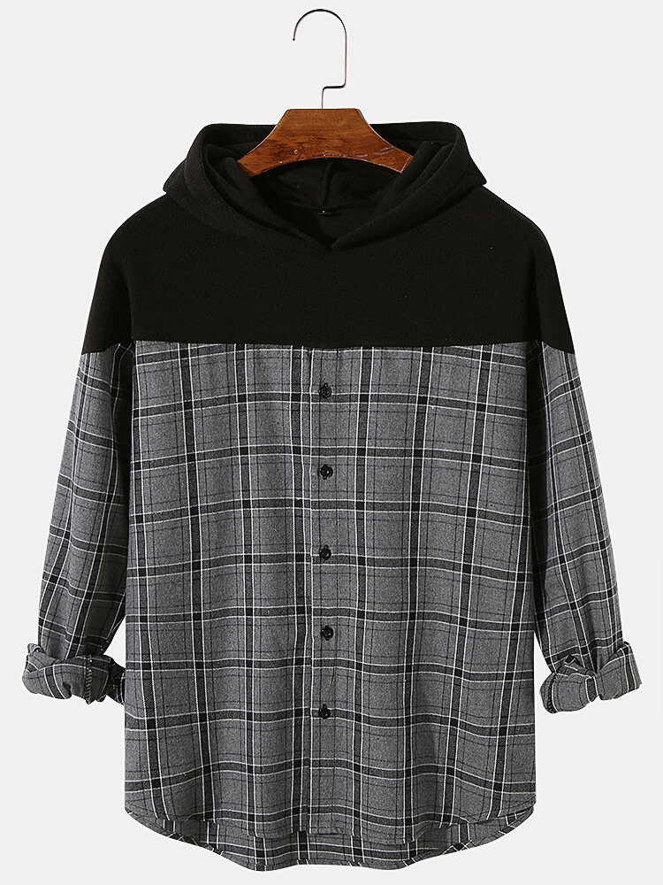Mens Patchwork Check Button Up Long Sleeves Shirt Casual Hoodies