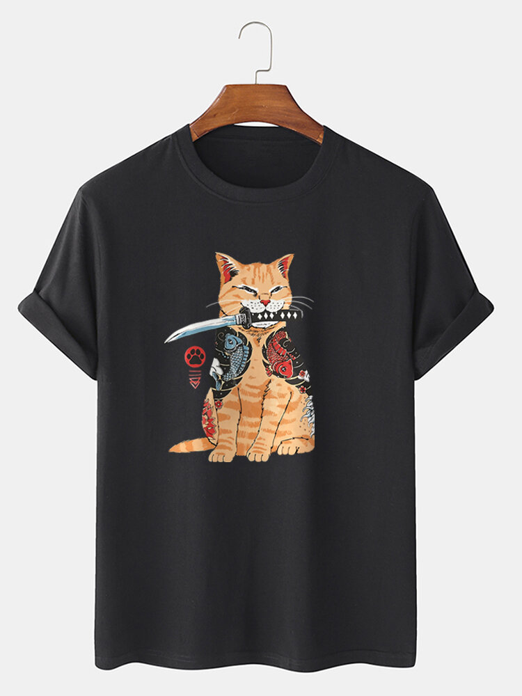Mens Warrior Cat Graphic Japanese Style 100% Cotton Short Sleeve T-Shirts