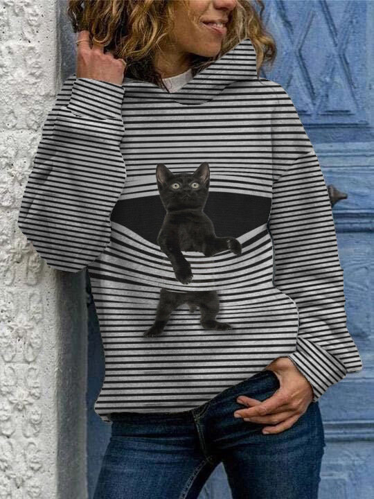 Hoodies casuais listrados com estampa de gato preto manga longa para mulheres