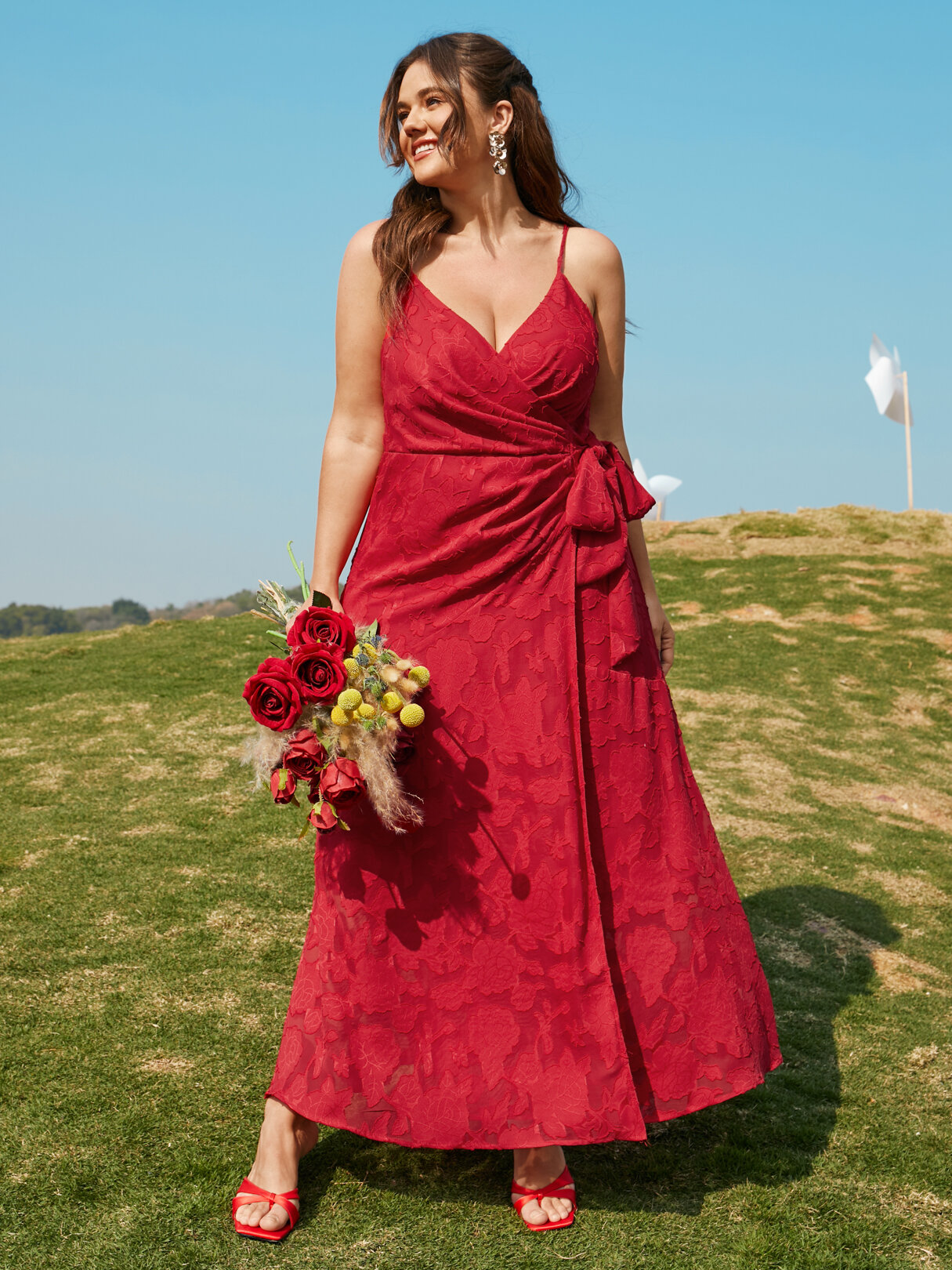 Большой размер Красный цветочный принт с завязками на спине Дизайн Платье