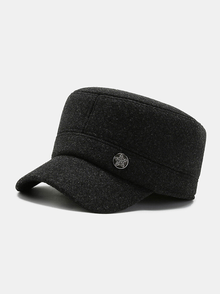 Men Woolen Cloth Thickened Solid Color Star Pattern Rivet Built-in Ear Protection Warmth Military Cap Flat Cap
