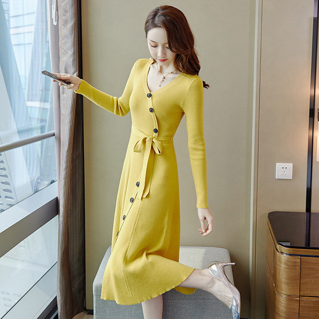 Fashionable Temperament Long Sweater Skirt Over The Knee Knit Bottoming Dress