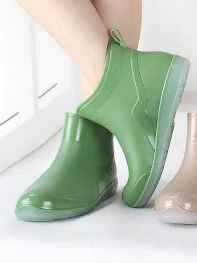 

Women Brief Comfy Non-slip Waterproof Soft Slip On Solid Color Flat Rain Boots, Black;green;apricot