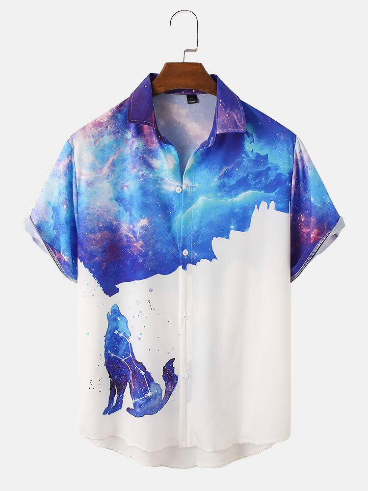

Mens Colorful Starry Sky Wolf Print Casual Lapel Short Sleeve Shirt, White