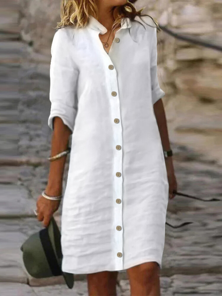 Women Solid Stand Collar Button Front Cotton Shirt Dress