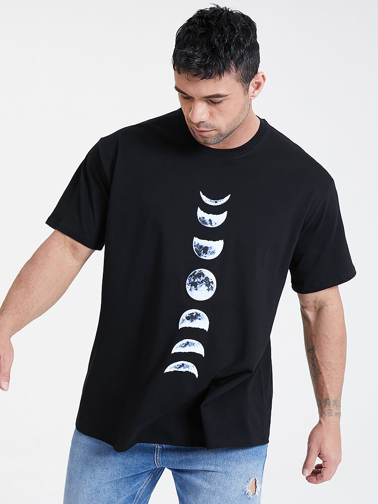 Plus Size Mens Moon Print 100% Cotton Fashion Short Sleeve T-Shirts