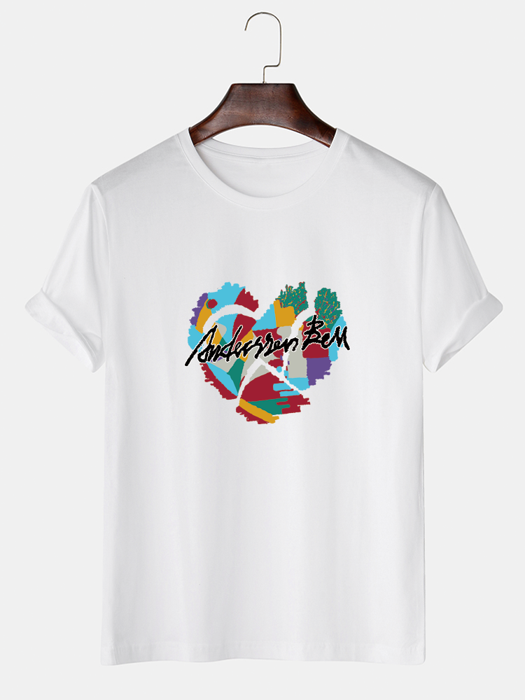 Mens Letter Colorful Heart Graphic Print Cotton Short Sleeve T-Shirts