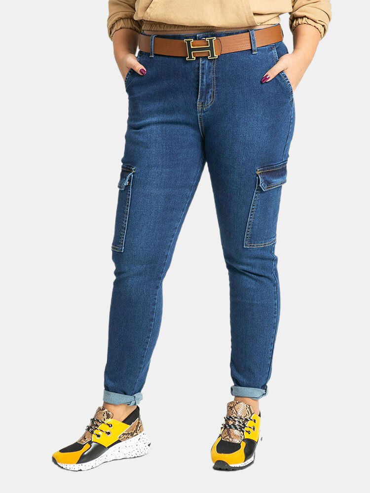 Solid Color Denim Pocket Button High Waist Casual Jeans