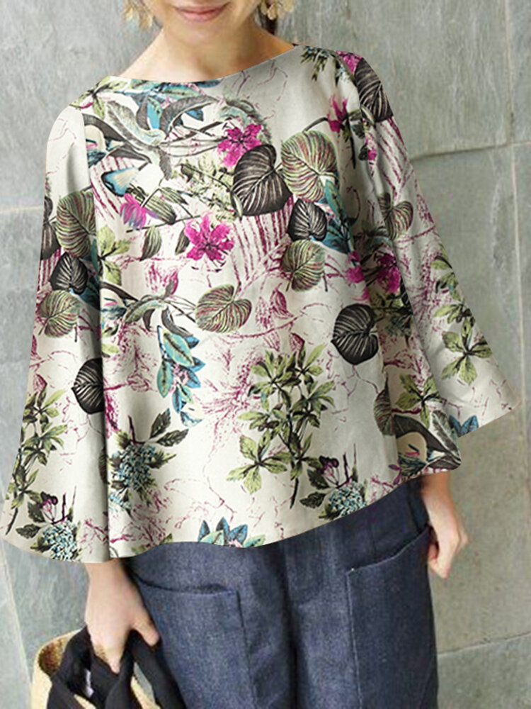 Женская блузка с длинными рукавами и принтом растений