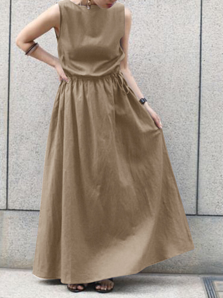 Leisure Solid Drawstring Sleeveless Casual Maxi Dress