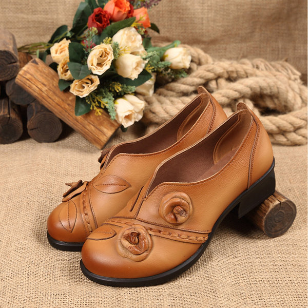 Flower Retro Mid Heel Original Folkways Handmade Shoes