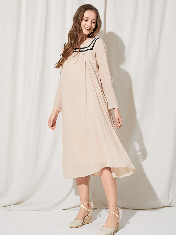 Contrast Color Loose Long Sleeve Crew Neck Casual Dress