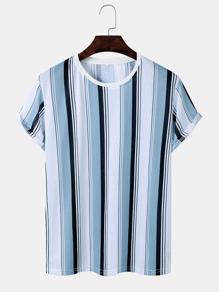 Mens Block Striped Crew Neck Casual Short Sleeve T-Shirts