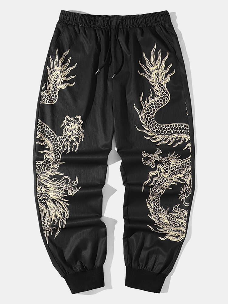 Mens Chinese Dragon Print Drawstring Waist Loose Pants Winter