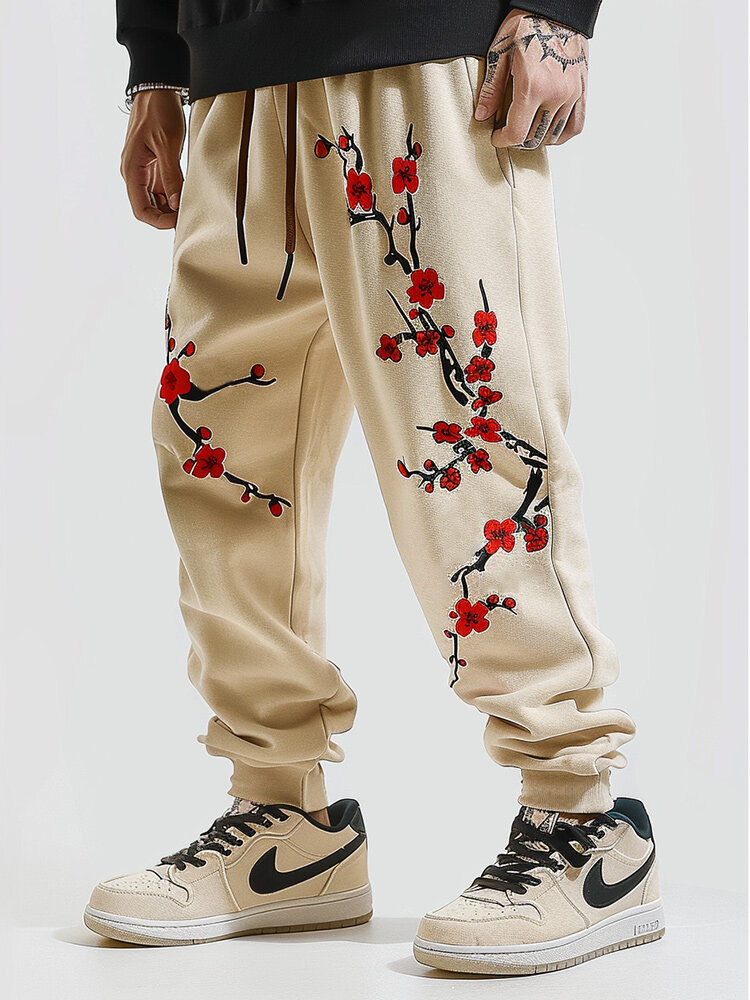 

Mens Japanese Plum Bossom Print Loose Pants, Khaki