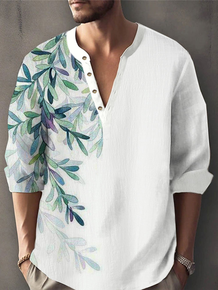 Masculino Planta Folha Camisas Henley de manga comprida com textura estampada