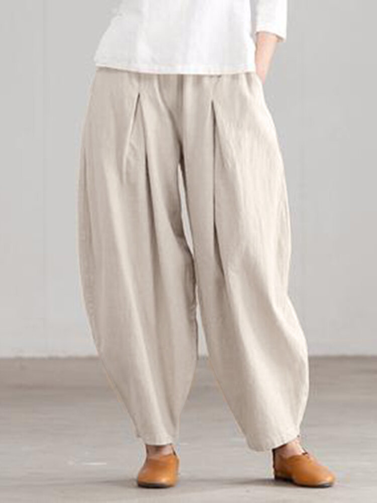 Women Solid Pleated Cotton Casual Elastic Waist Pants