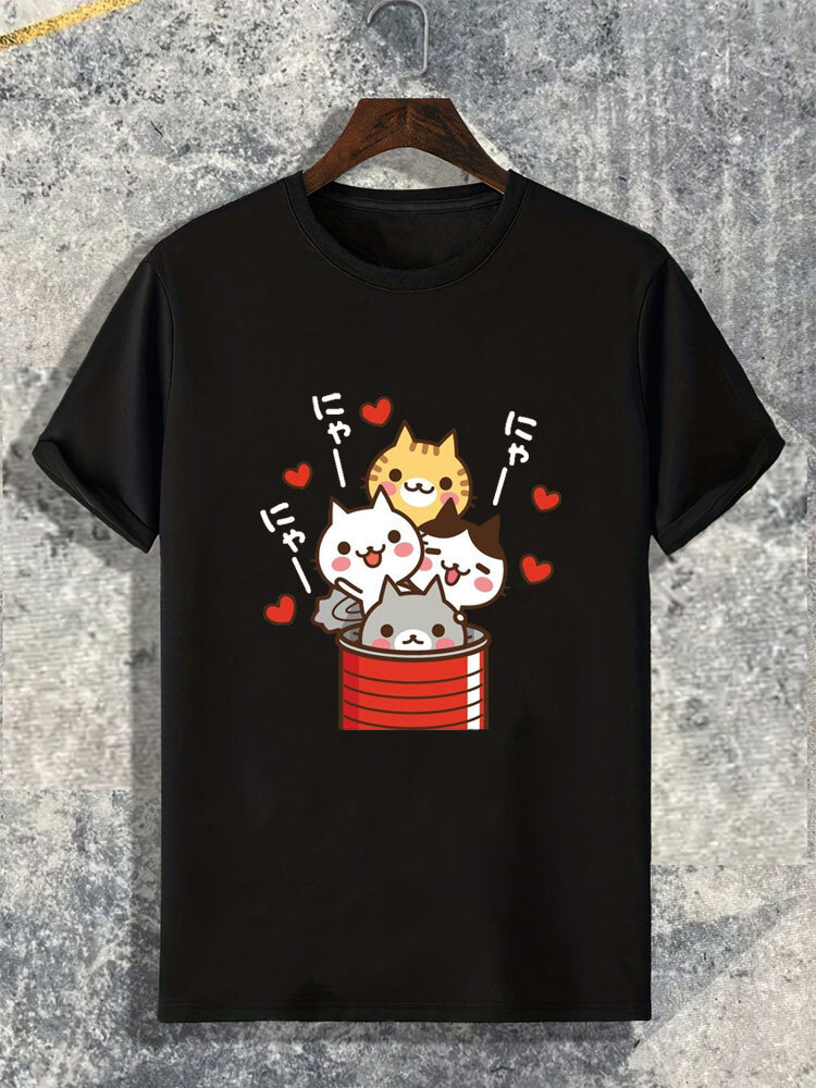 Camisetas masculinas Cartoon Coração Cat Print com gola redonda e manga curta
