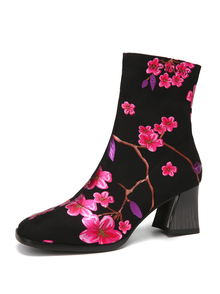 

SOCOFY Gorgeous Plum Printed Suede Fashion Comfy Elastic Slip On Chunky Heel Short Boots, Red