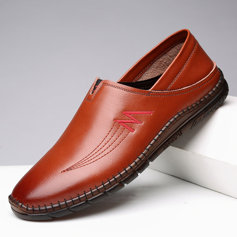 Men Classic Hand Stitching Soft Sole Slip On Casual Driving Leather Loafers