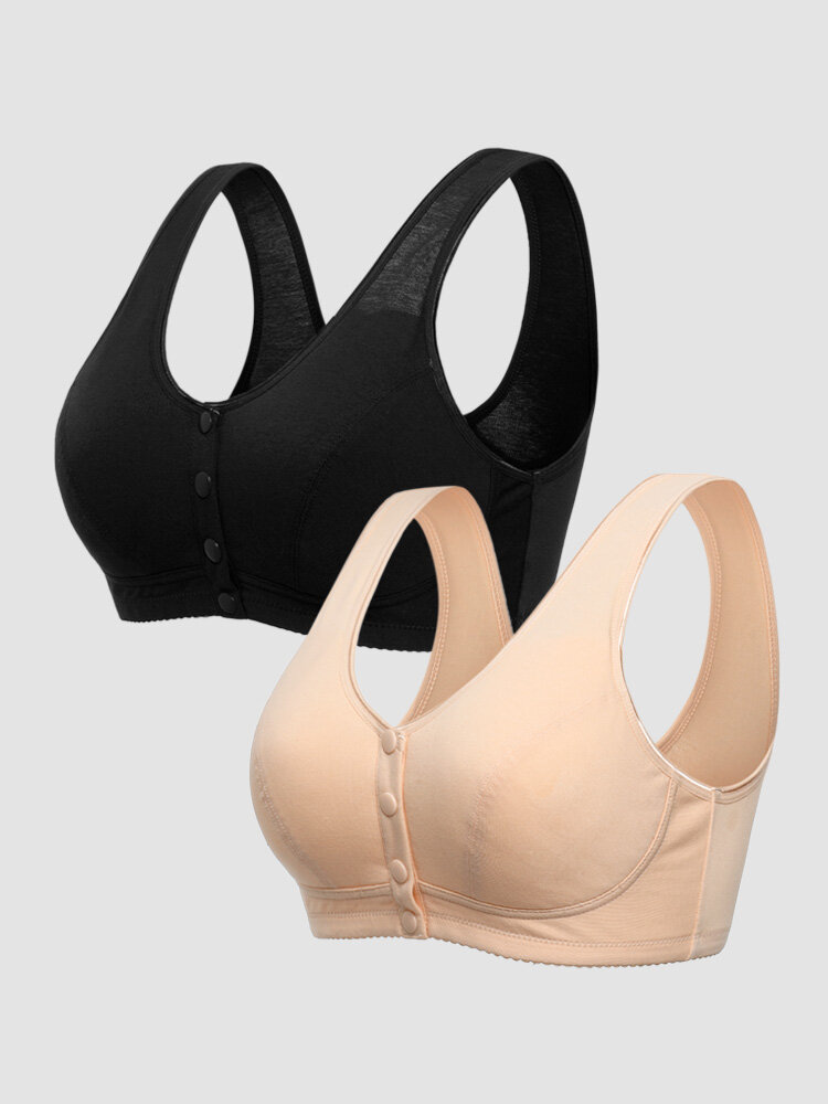 2Pcs Women Cotton Solid Front Closure Wireless Padded Lightly Lined Comfy Bras