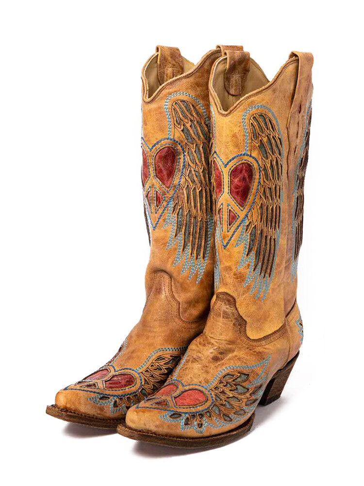 

LOSTISY Retro Women Heart Splicing Pointed Toe Mid Calf Cowboy Boots, Yellow