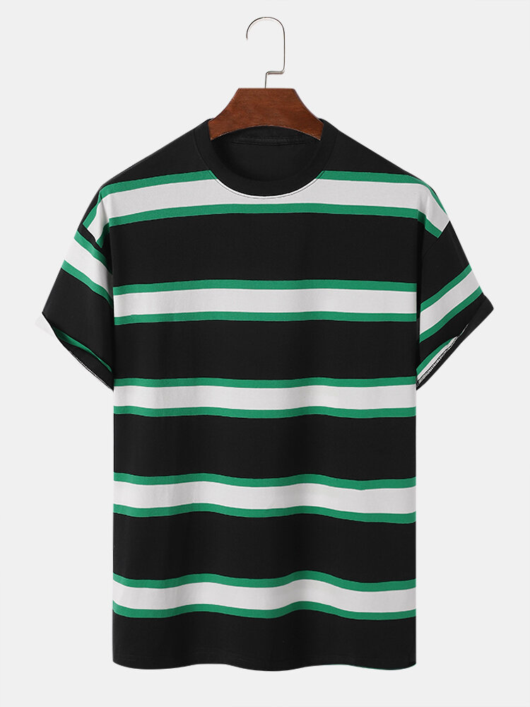 Mens Wide Striped Crew Neck Cotton Loose Short Sleeve T-Shirts