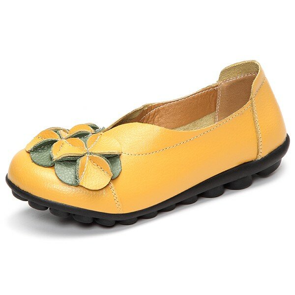 Socofy Flower Decoration Leather Soft Sole Slip On Flat Comfortable Shoes
