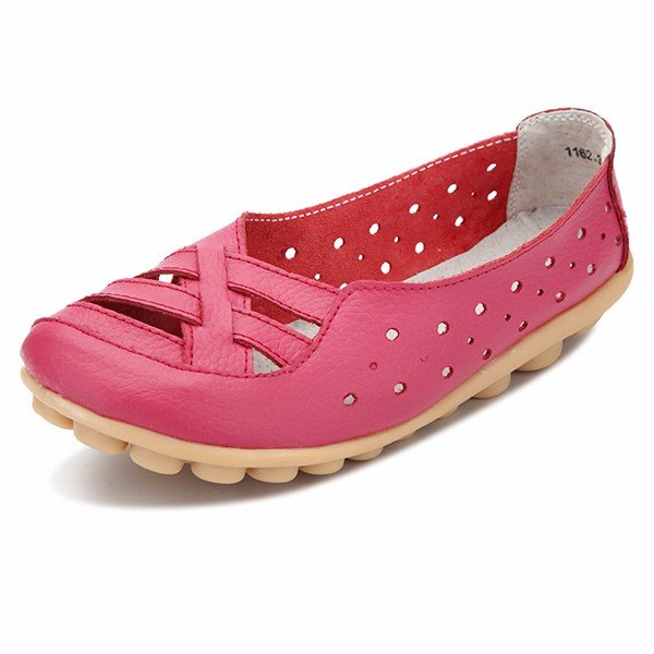Leather Pure Color Hollow Out Breathable Soft Sole Slip On Flat Shoes