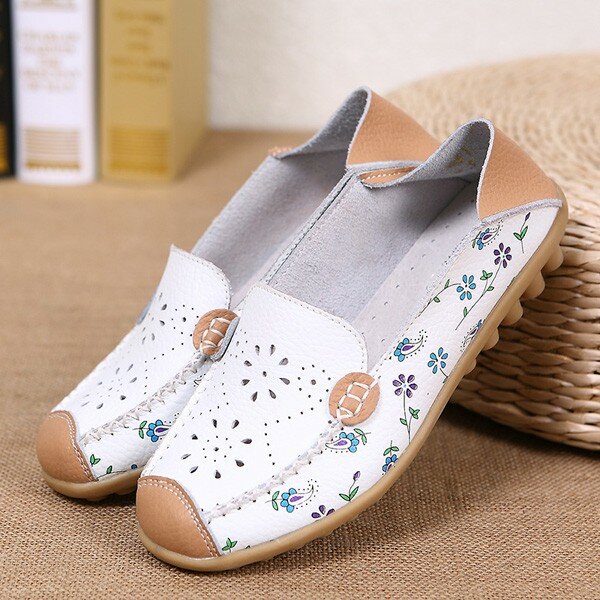 Floral Print Hollow Out Breathable Color Match Casual Slip On Flat Shoes