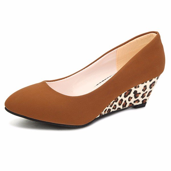 Pure Color Leopard Comfortable Elegant Slip On Wedge Heel Pumps