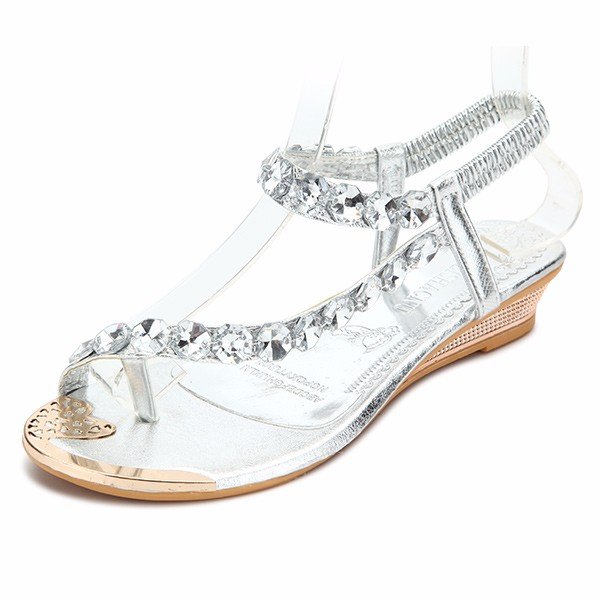 Bling Shiny Beaded Diamond Elastic Clip Toe Wedge Heel Sandals