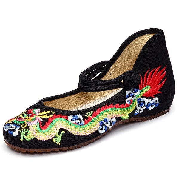Vintage National Wind Chinese Embroidered Dragon Mary Janes Flat Shoes