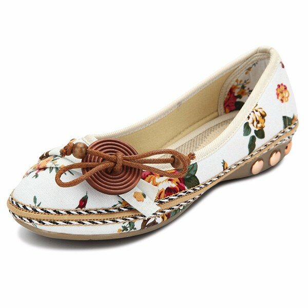 Bowknot Button Flower Small Wooden Decoration Slip On Flat Loafers