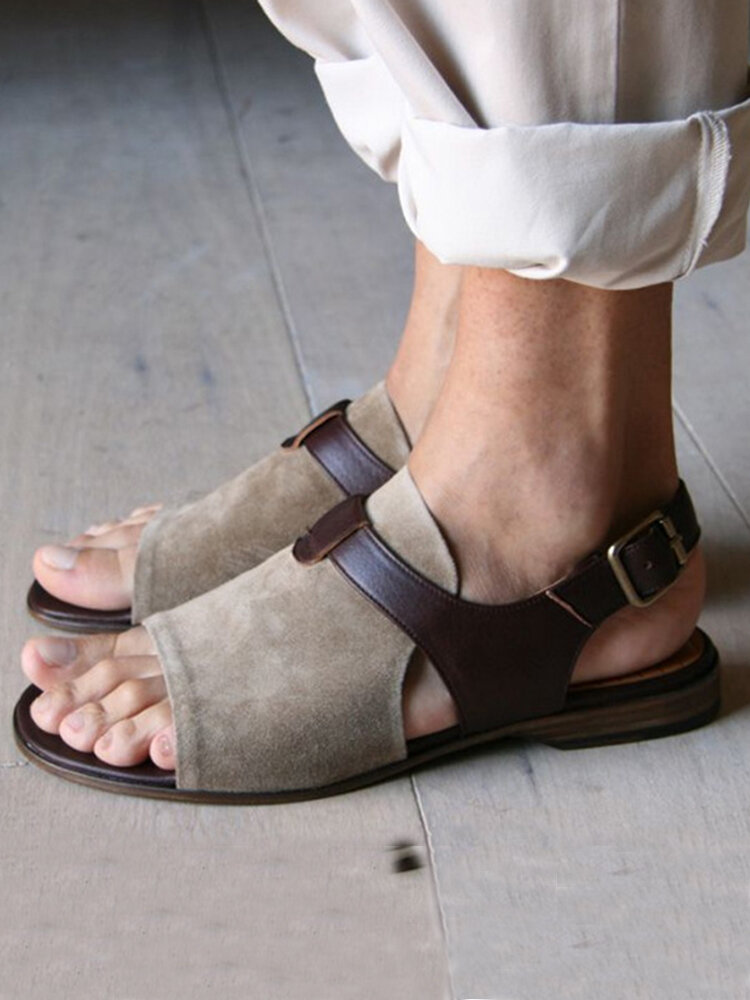 Plus Size Women Retro Open Toe Hollow Buckle Strap  Flat Sandals